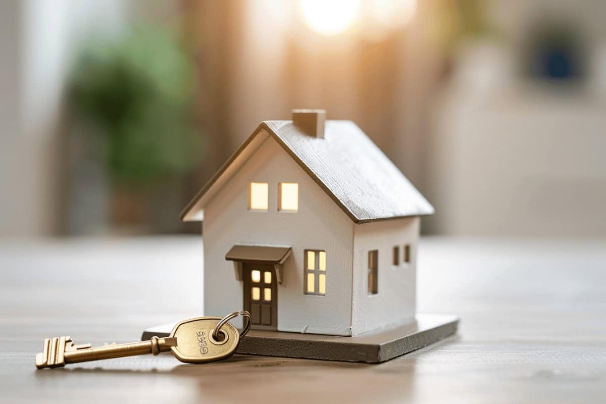 Modellhaus auf Tisch neben symbolischem Schlüssel, symbolisiert geerbtes Familienheim, Unzumutbarkeit der Selbstnutzung und Steuerbefreiung, steht für anwaltliche Beratung im Erbrecht und Immobilienrecht.
