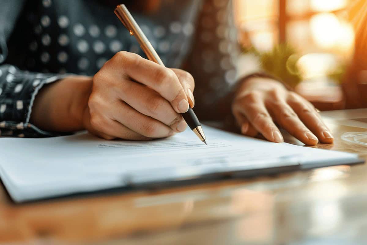 Hände, die ein Testament auf Papier verfassen, symbolisch für rechtliche Beratung durch einen Anwalt zum Thema Verfassung eines Testaments.