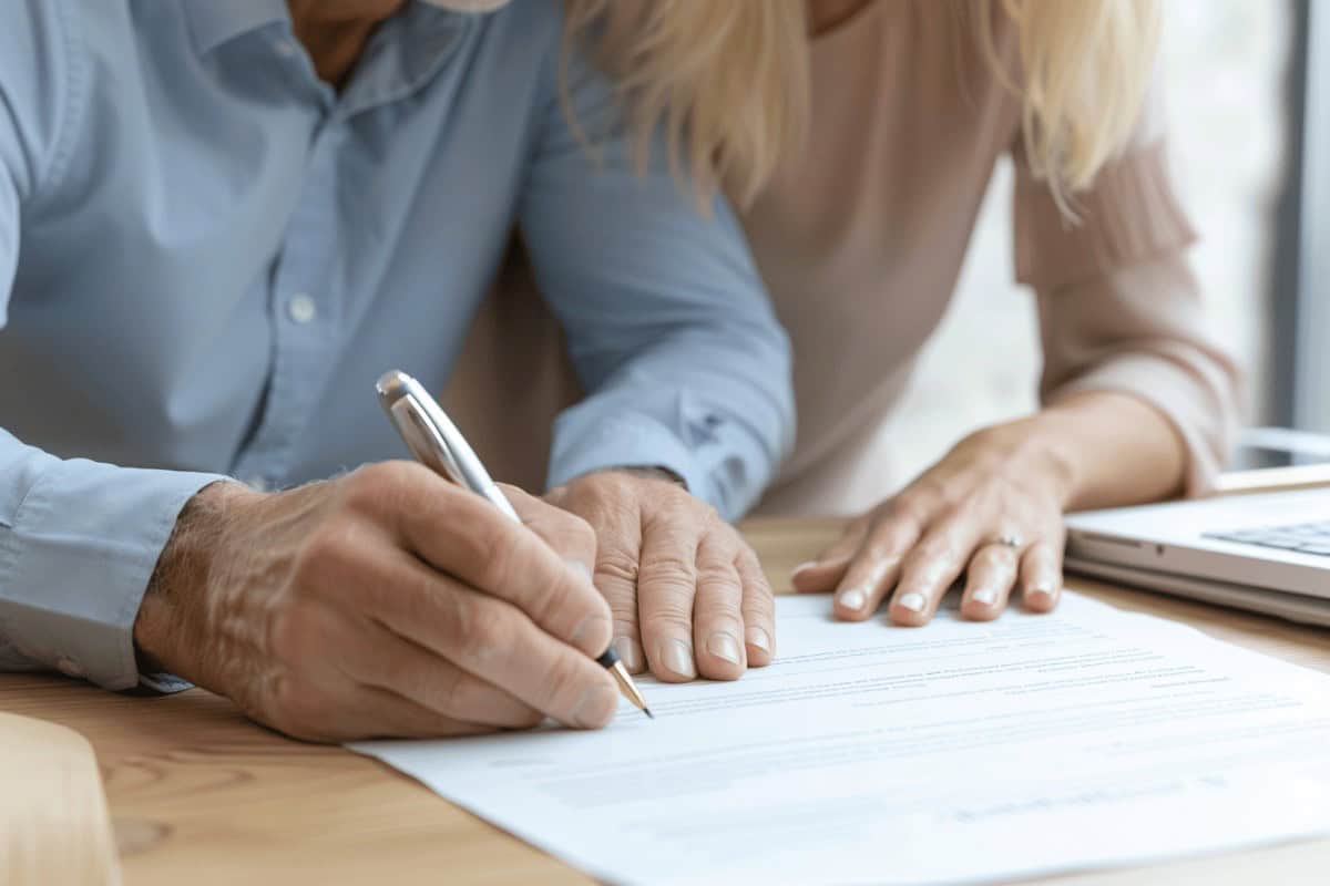 Paar unterschreibt gemeinsam ein handschriftliches Testament beim Anwalt, symbolisiert gemeinschaftliches Testament und Berliner Testament.