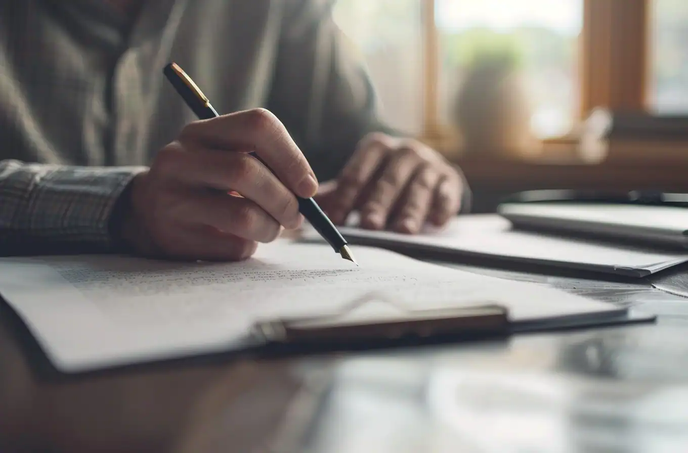 Person schreibt ein handschriftliches Testament an einem Schreibtisch, symbolisiert rechtssichere Testamentserstellung und Vermögensplanung mit Hilfe eines Anwalts.