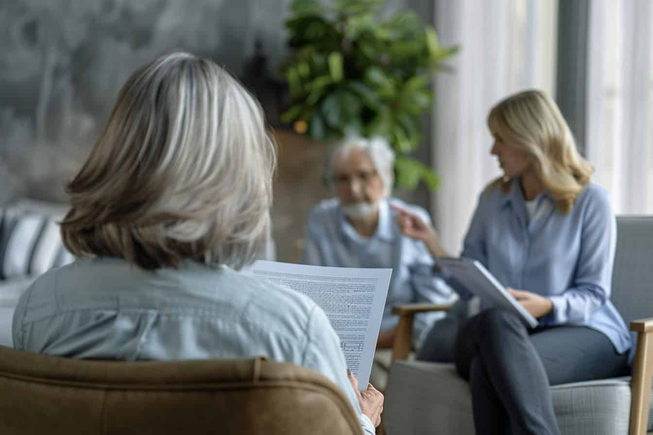 Ältere Frau sitzt in einem Sessel, hält ein Dokument (Testament), eine Anwältin erklärt das Dokument, empathische rechtliche Beratung zur Erstellung eines Nottestaments.