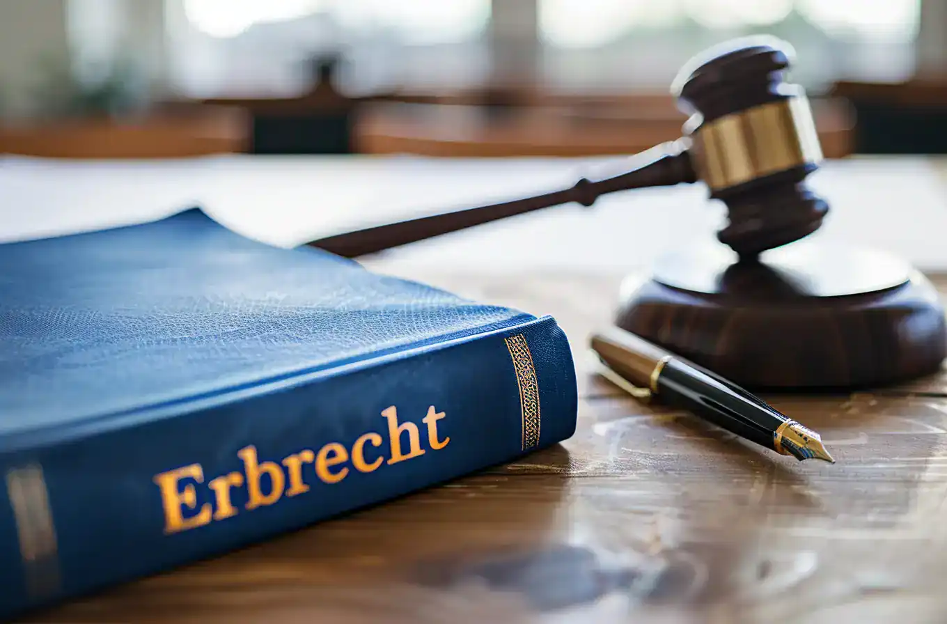 Blaues Buch ‚Erbrecht‘, Richterhammer und Unterlagen auf Schreibtisch; symbolisiert rechtliche Unterstützung durch Anwalt beim Einfordern des Pflichtteils.